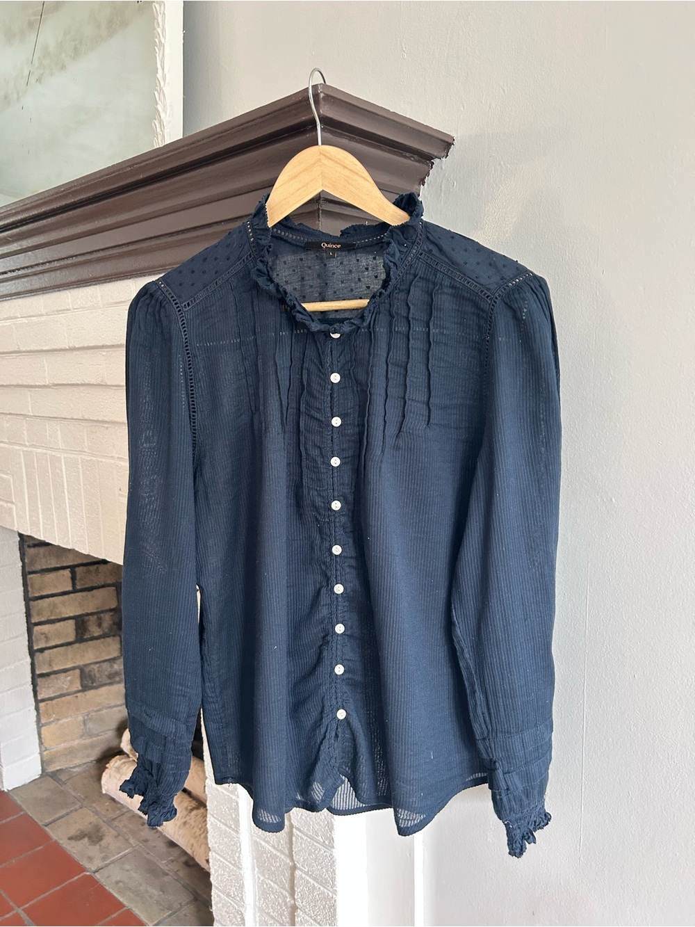 Quince Navy Ruffle Pintuck Button-Front Blouse - Picture 4 of 8